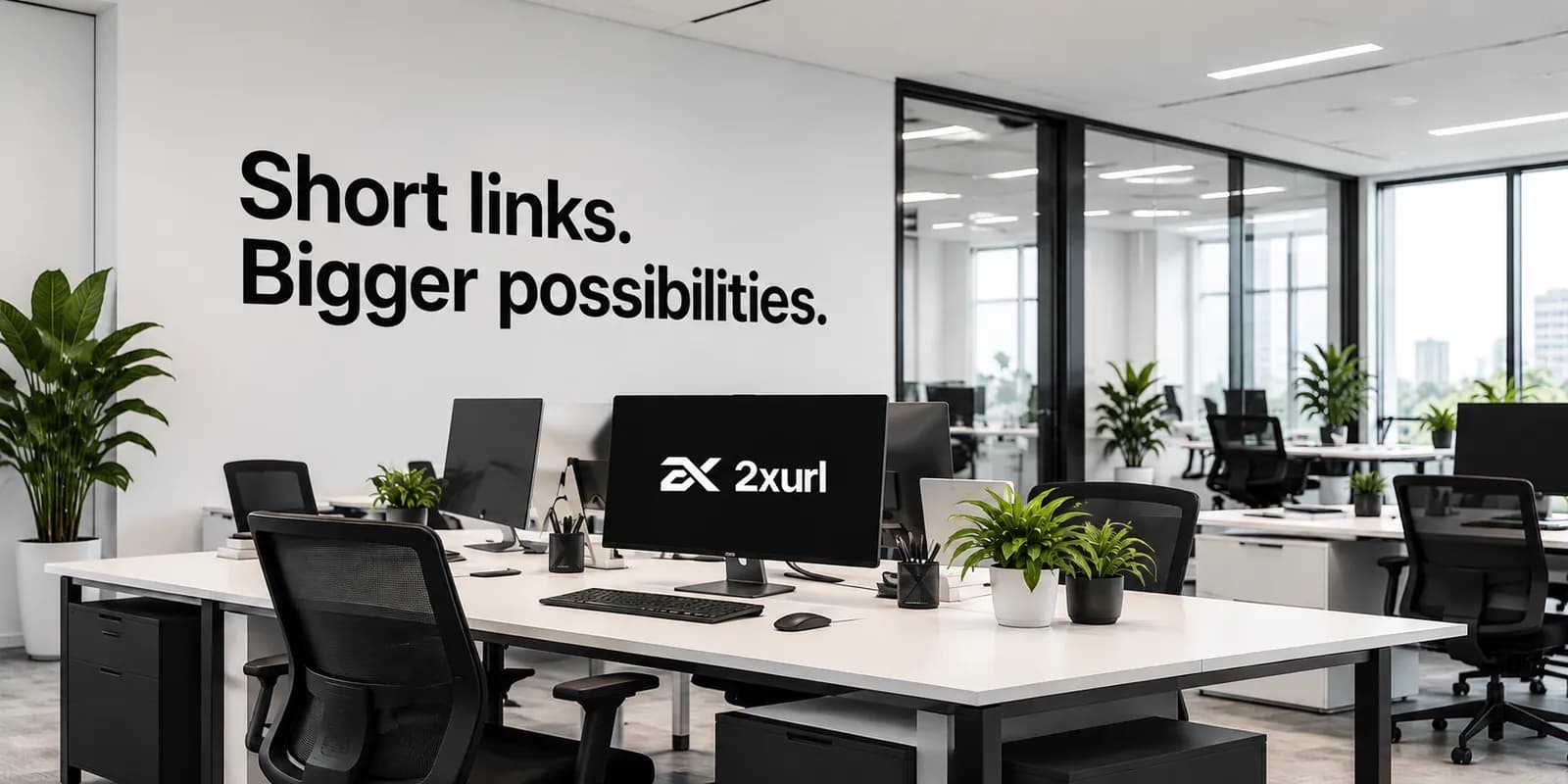 2xurl office with the line Short links. Bigger possibilities. on the wall